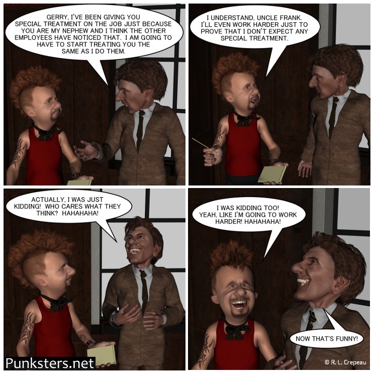 Punksters.net punk rock comic strip # 102 favoritism at work joke