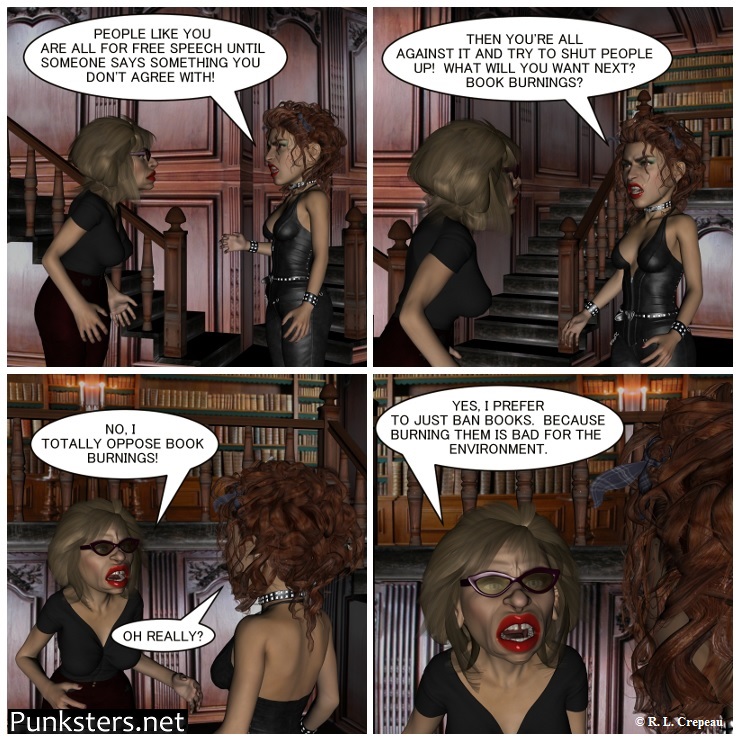 Punksters.net punk rock comic strip # 166 book burning joke