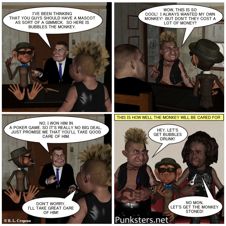 Punksters.net punk rock comic strip # 176 get monkey stoned joke
